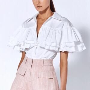 ALEXIS NWT Brax Top White Ruffled Cotton Poplin Short Sleeve Blouse Women's XS